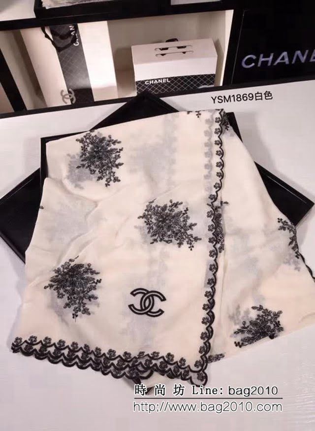 CHANEL香奈兒 2018專櫃原版手工吊染真絲羊毛刺繡長圍巾 YSM1869 LLWJ7410